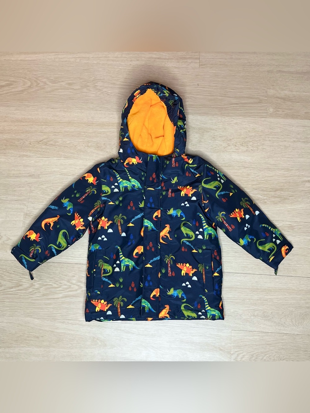 The Children's Place Navy Dinosaur Hooded Puffer Jacket with Orange Lining